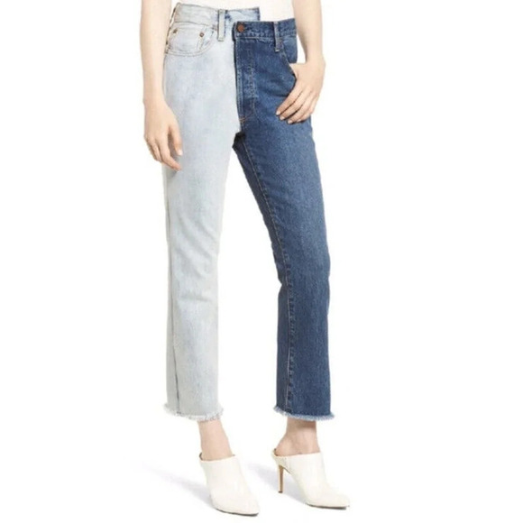 AO.LA Alice + Olivia Amazing Asymmetric Two Toned High Waist Boyfriend Jeans 25 - Picture 1 of 10